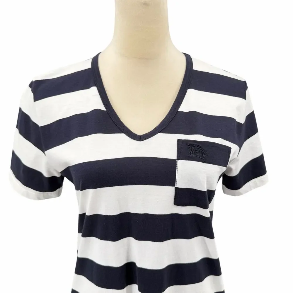 Burberry Brit NWT Navy & White Cotton Striped Pocket V-neck Casual Tee Shirt - Picture 5 of 11